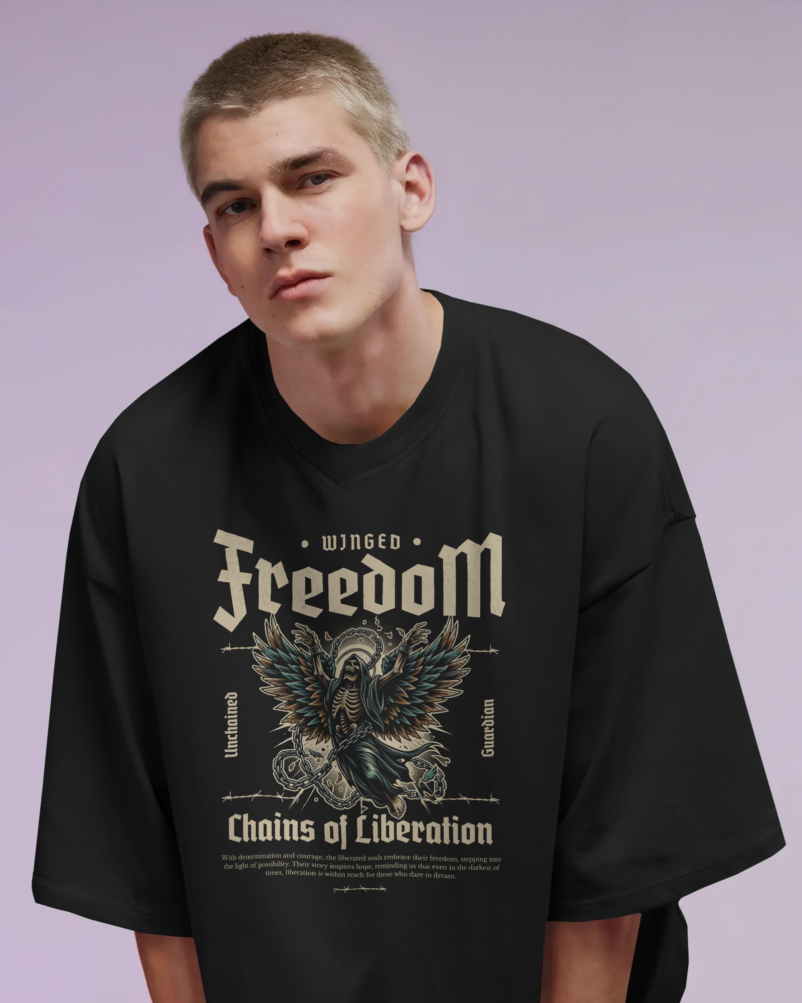 Winged Freedom: Chains of Liberation Oversized T-Shirt – Gothic Streetwear for Bold Expression - indiflux.store