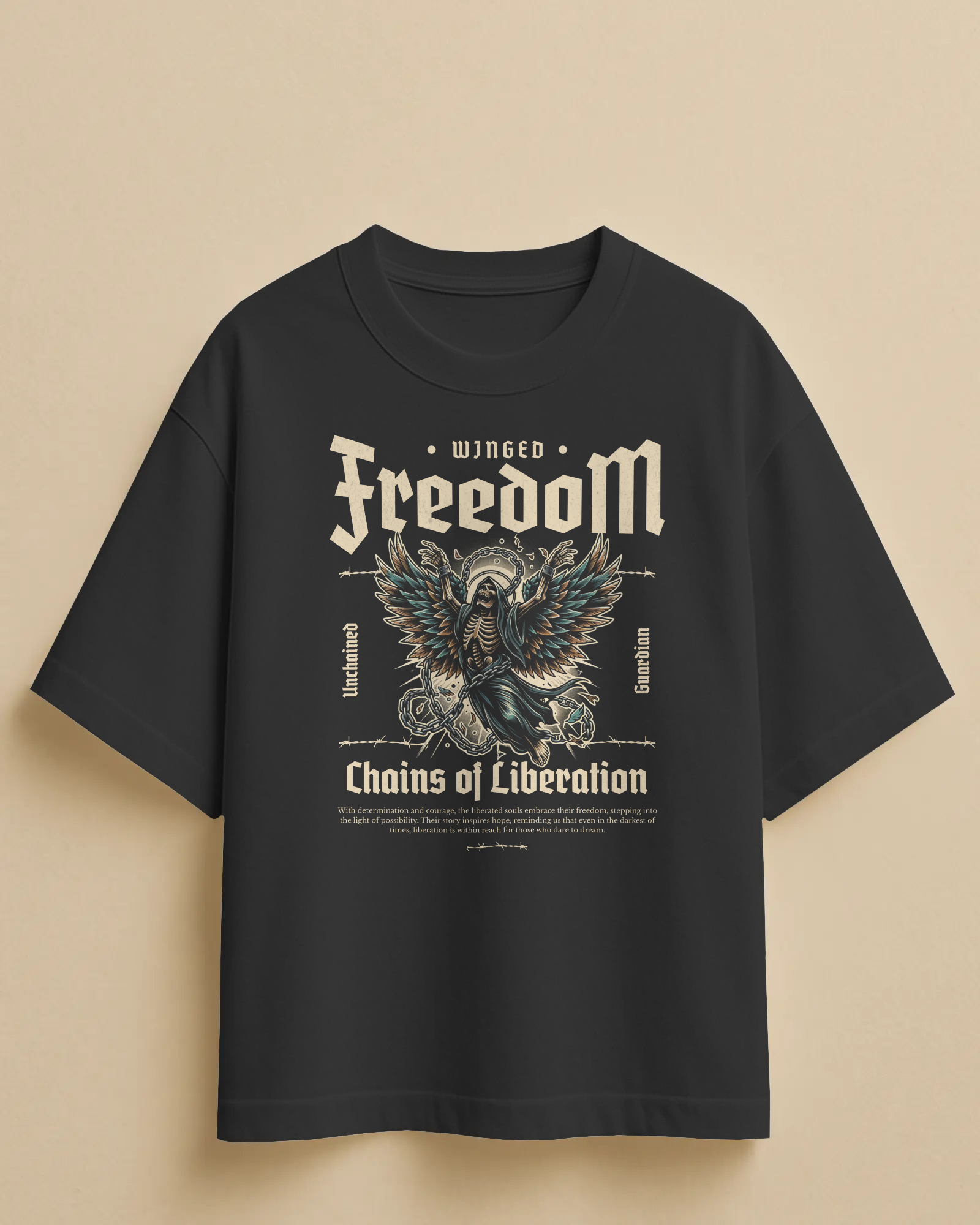 Winged Freedom: Chains of Liberation Oversized T-Shirt – Gothic Streetwear for Bold Expression - indiflux.store